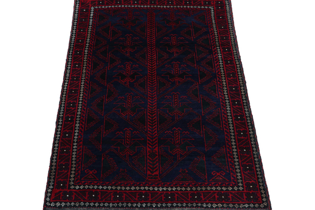 Vintage Afghani Baluch Tribal Rug in Blue with Red Geometric Patterns