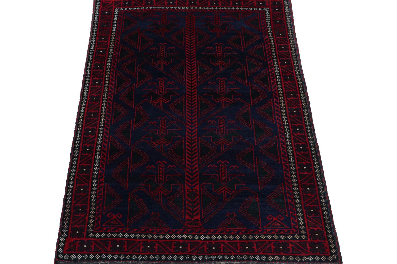 Vintage Afghani Baluch Tribal Rug in Blue with Red Geometric Patterns