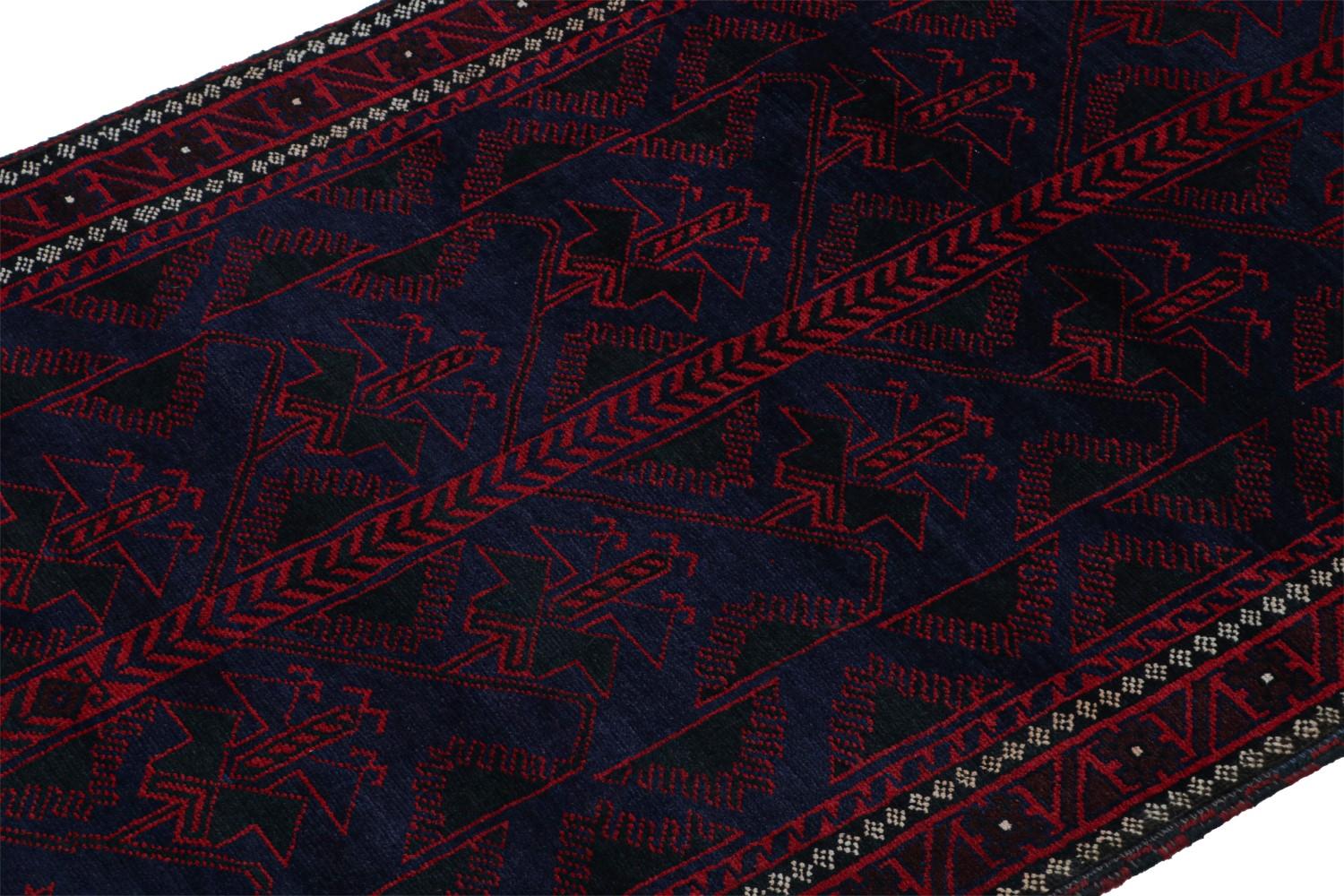 Vintage Afghani Baluch Tribal Rug in Blue with Red Geometric Patterns