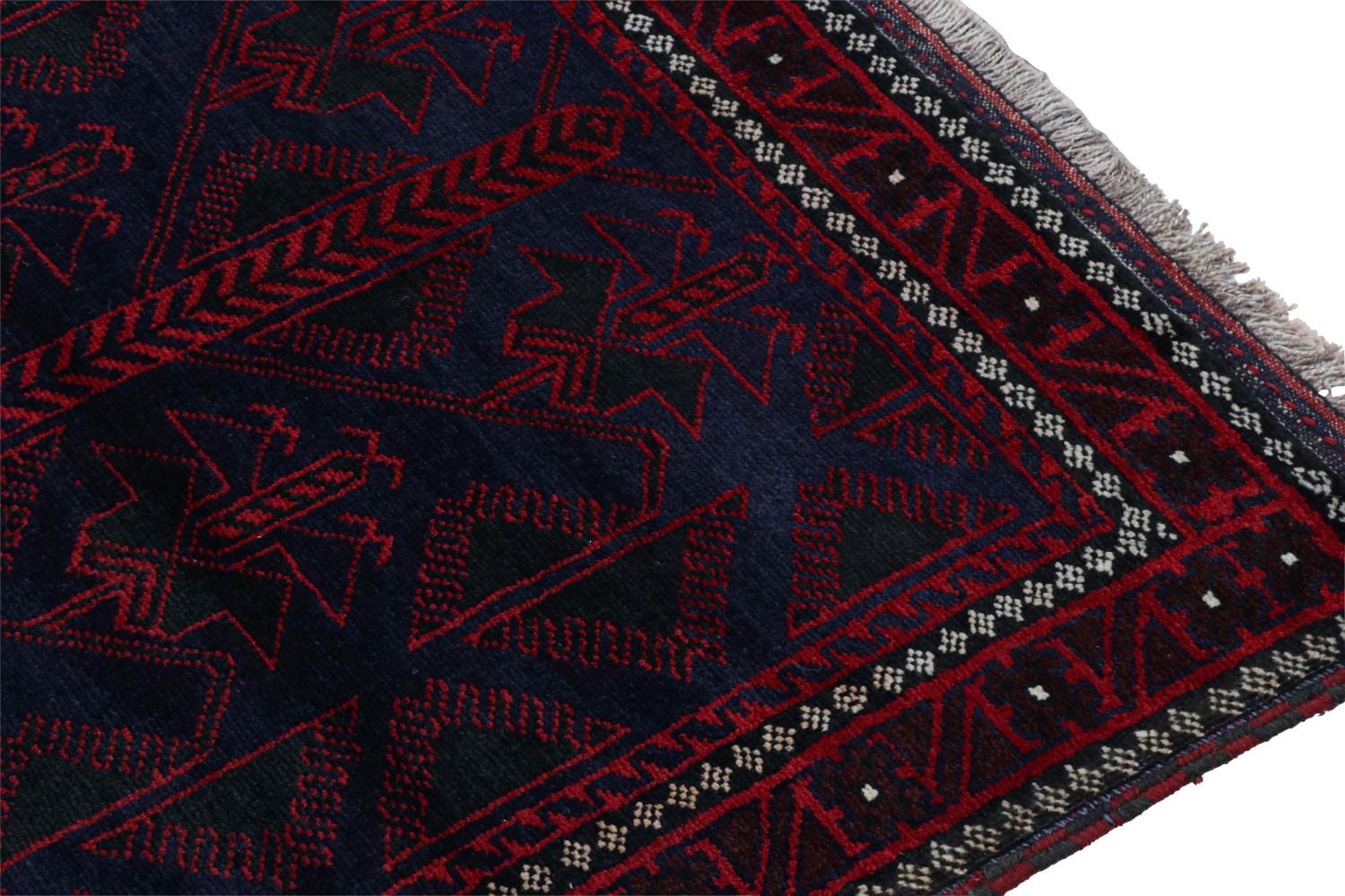 Vintage Afghani Baluch Tribal Rug in Blue with Red Geometric Patterns