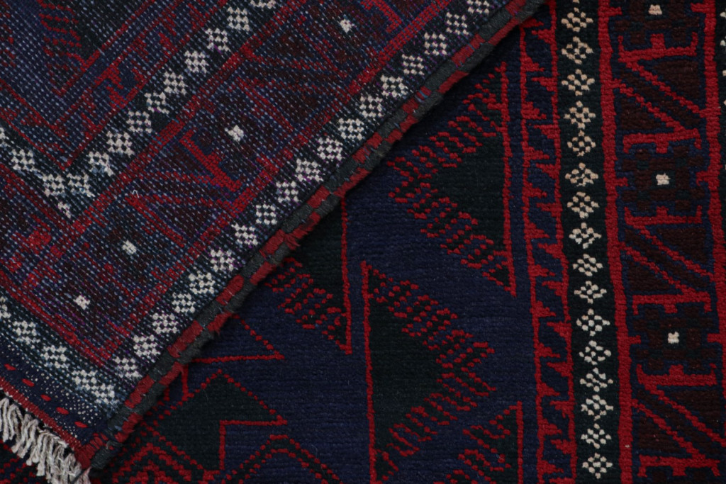 Vintage Afghani Baluch Tribal Rug in Blue with Red Geometric Patterns