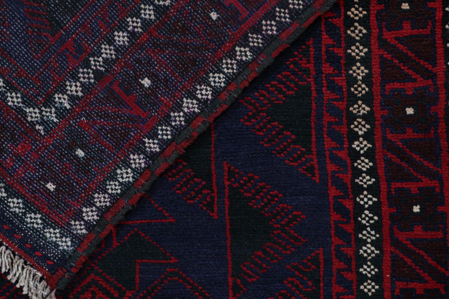 Vintage Afghani Baluch Tribal Rug in Blue with Red Geometric Patterns