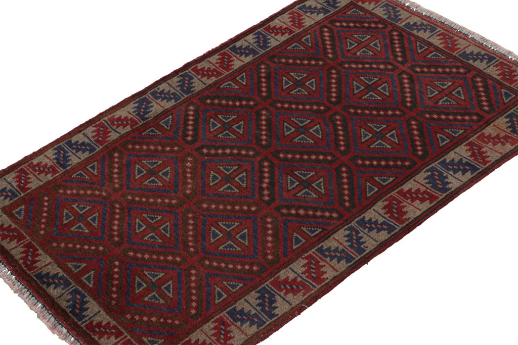 Vintage Afghan Baluch Rug in Red with Geometric Patterns