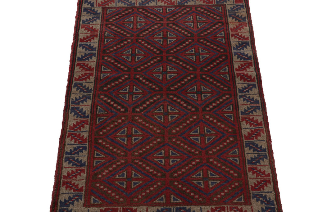 Vintage Afghan Baluch Rug in Red with Geometric Patterns