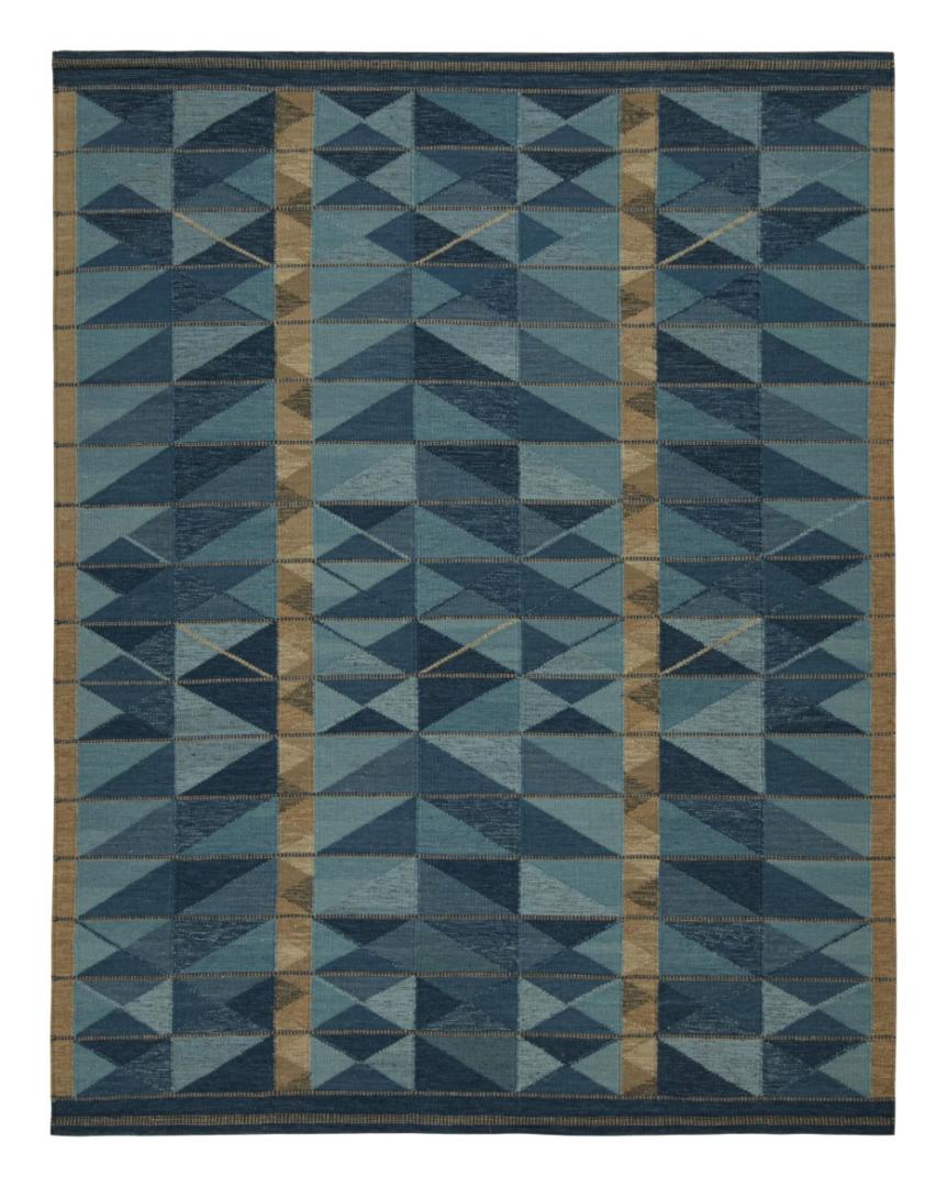 Custom Scandinavian Kilim Rug with Blue Geometric Patterns