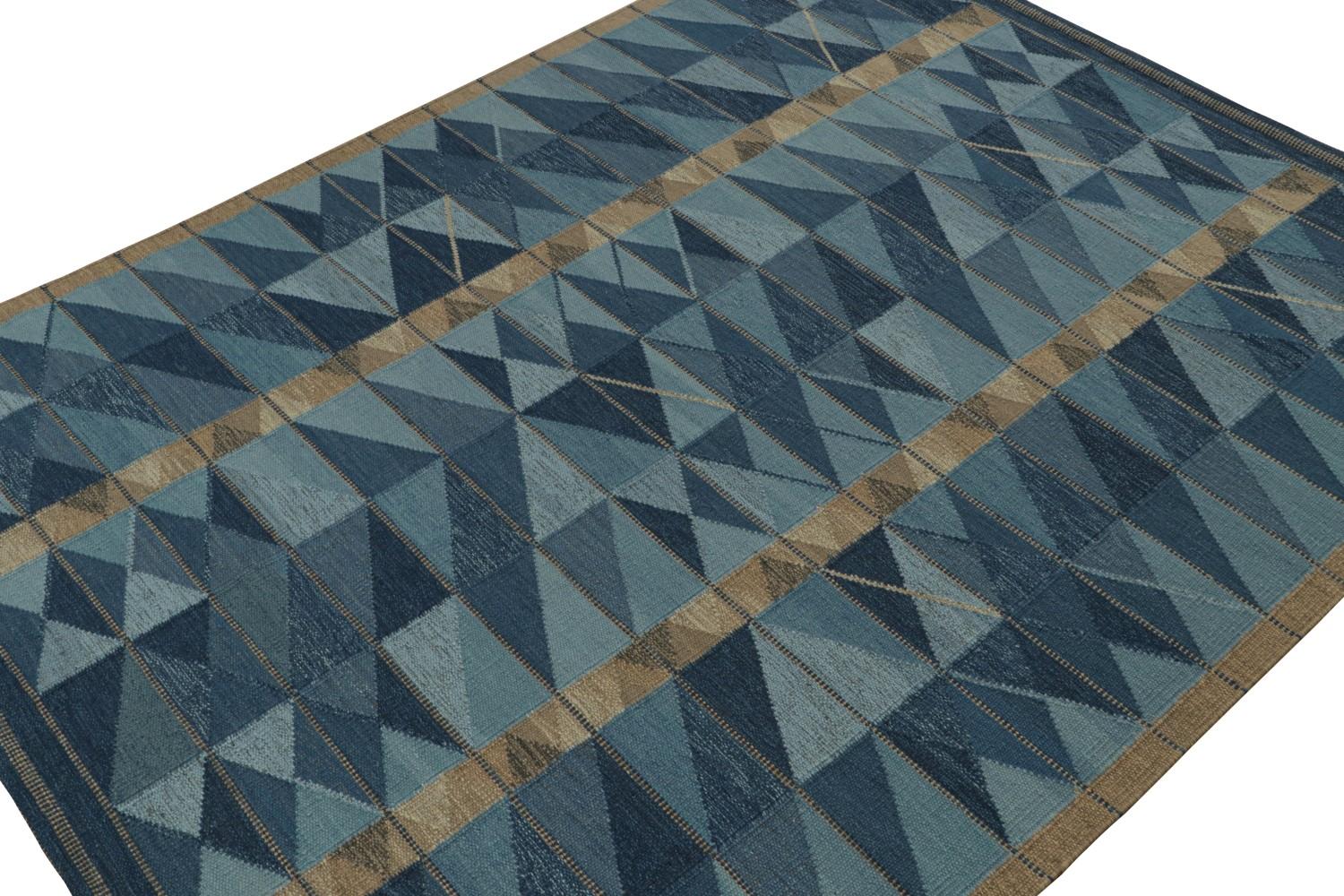 Custom Scandinavian Kilim Rug with Blue Geometric Patterns