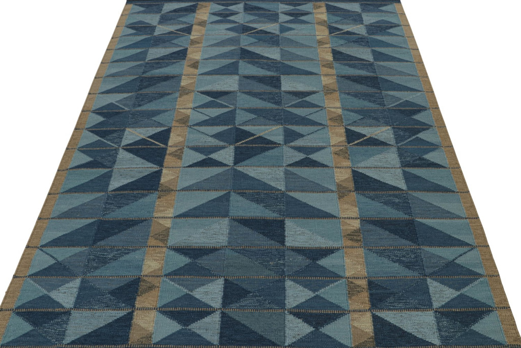 Custom Scandinavian Kilim Rug with Blue Geometric Patterns