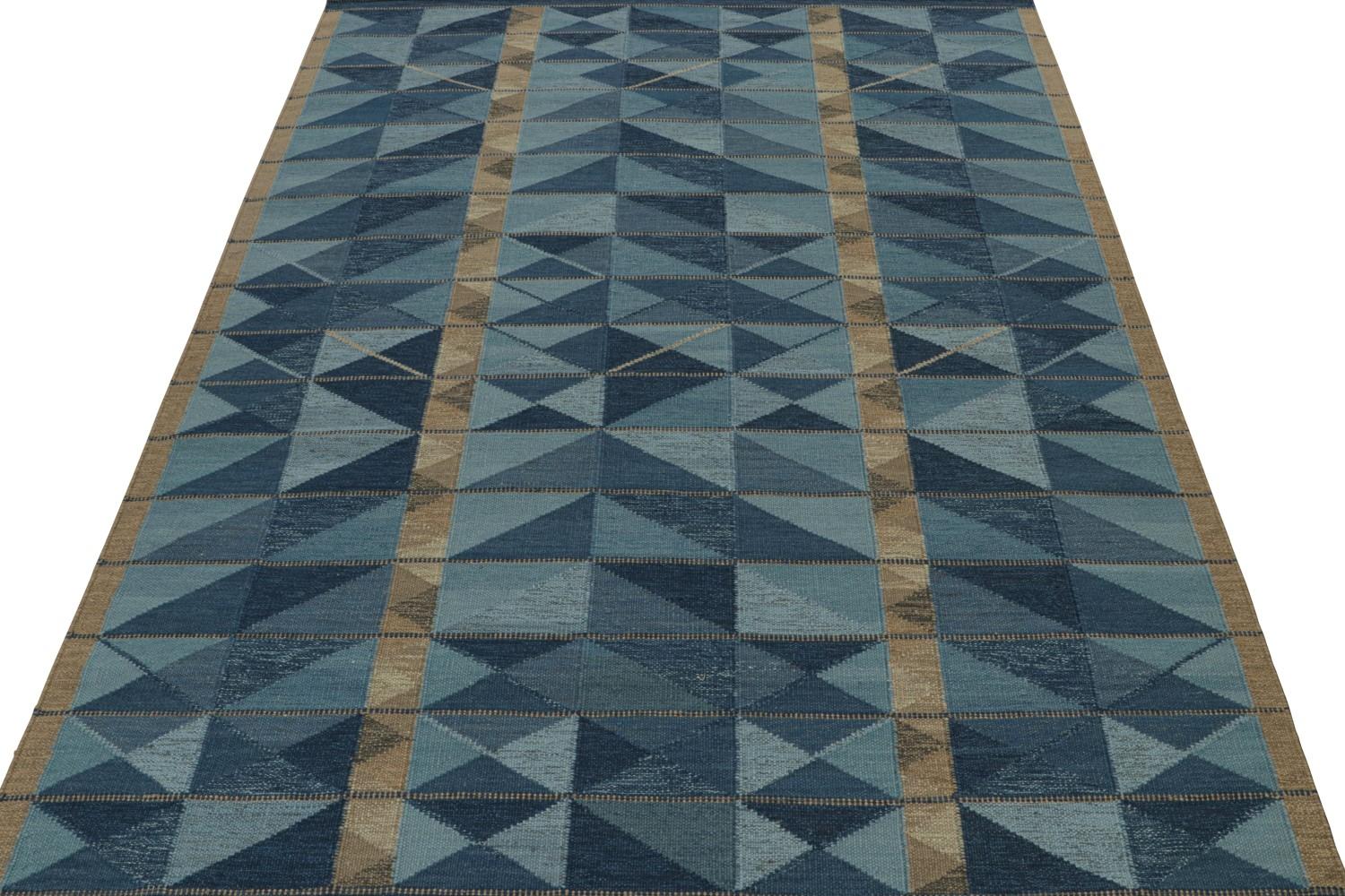 Custom Scandinavian Kilim Rug with Blue Geometric Patterns