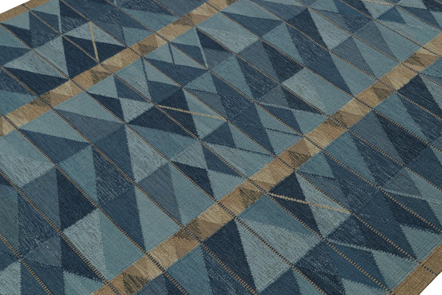 Custom Scandinavian Kilim Rug with Blue Geometric Patterns