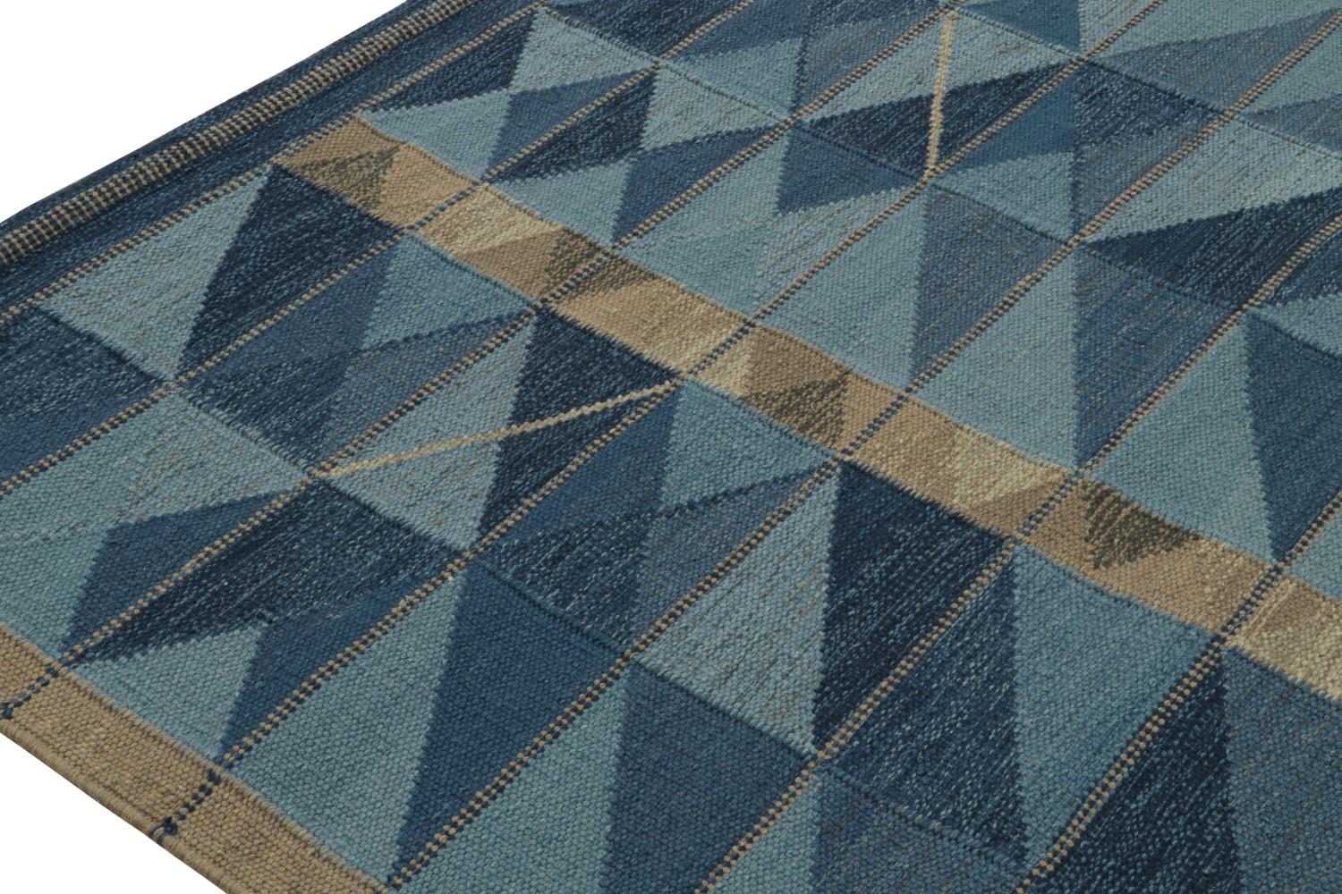 Custom Scandinavian Kilim Rug with Blue Geometric Patterns