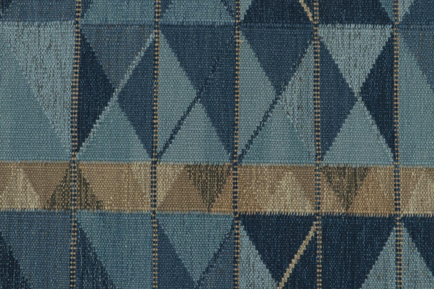 Custom Scandinavian Kilim Rug with Blue Geometric Patterns