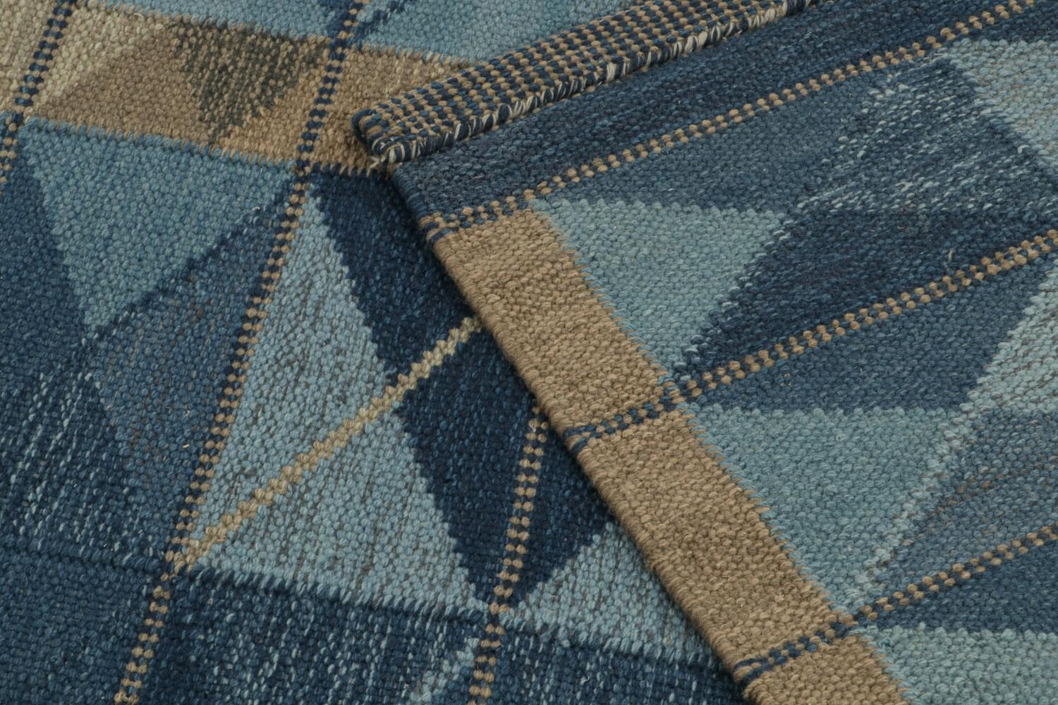 Custom Scandinavian Kilim Rug with Blue Geometric Patterns
