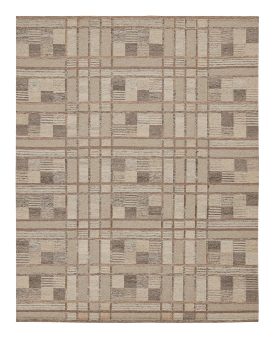 Scandinavian Kilim Rug in Beige-Brown Geometric Pattern