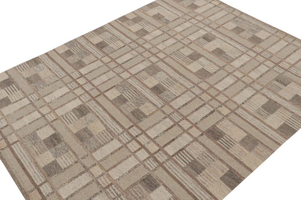 Scandinavian Kilim Rug in Beige-Brown Geometric Pattern