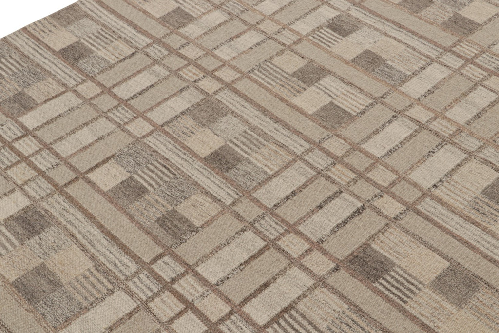 Scandinavian Kilim Rug in Beige-Brown Geometric Pattern