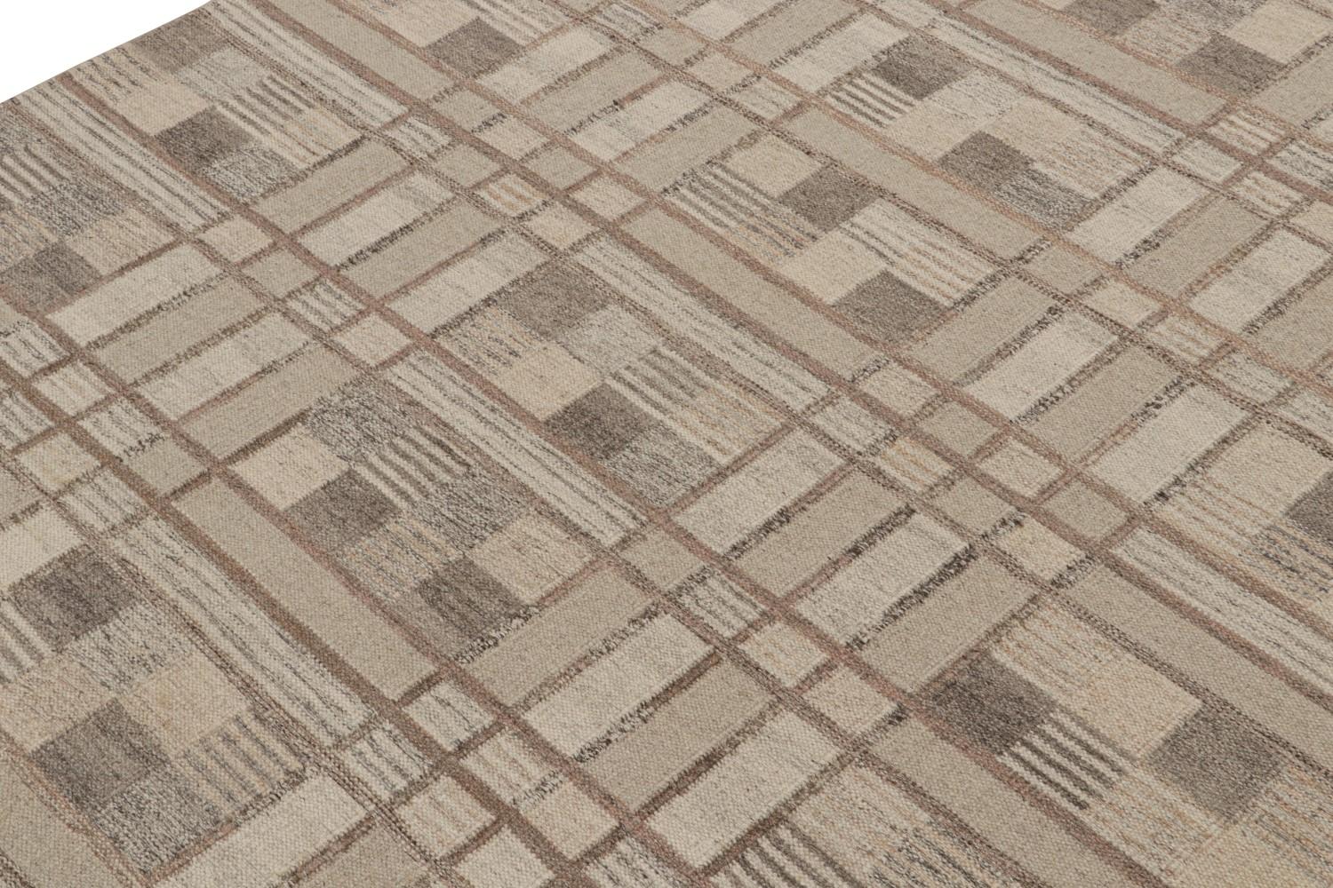 Scandinavian Kilim Rug in Beige-Brown Geometric Pattern