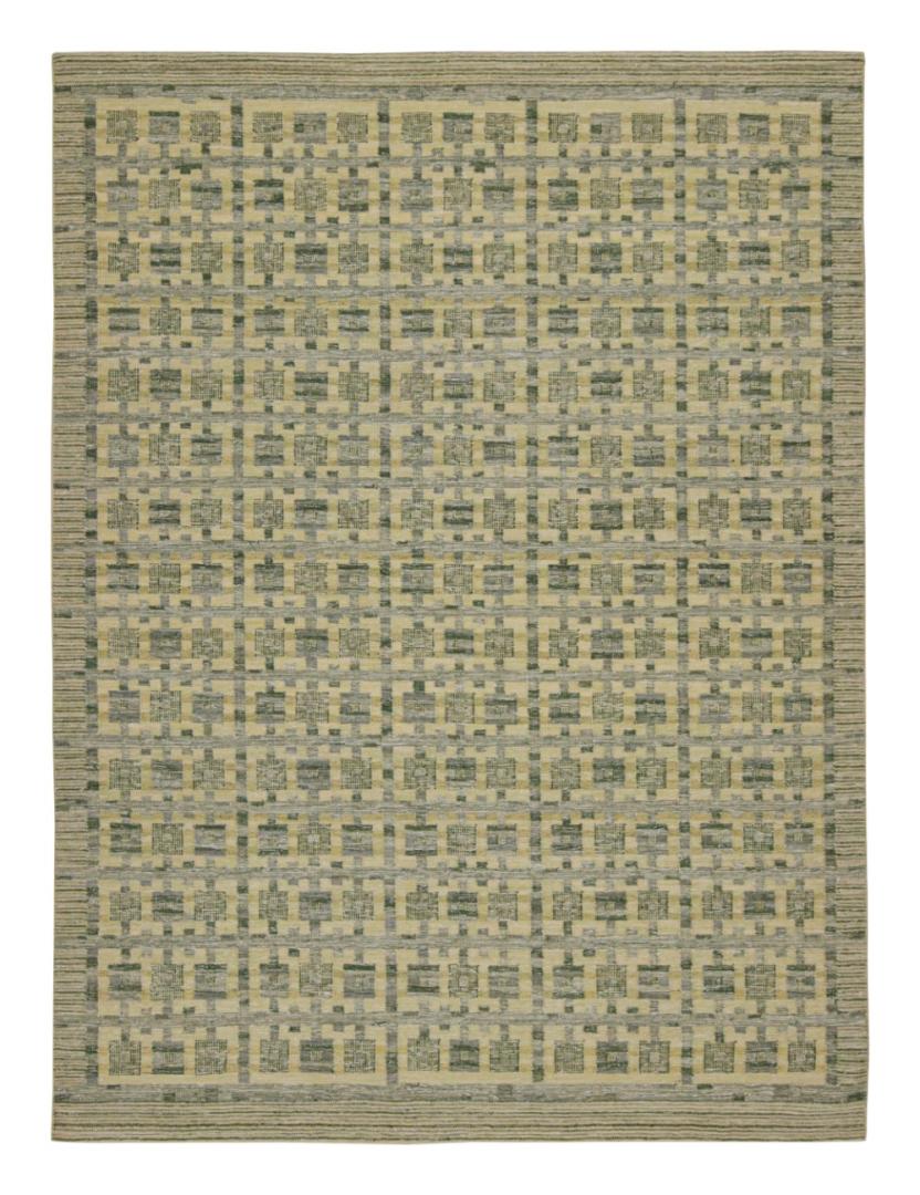 Flatweave Scandinavian Rug in Green Geometric Patterns