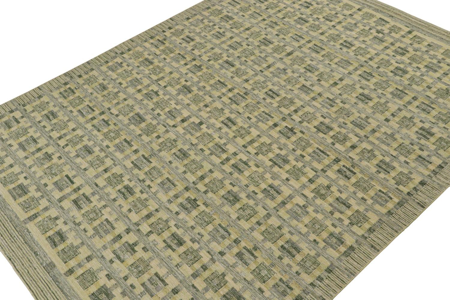 Flatweave Scandinavian Rug in Green Geometric Patterns