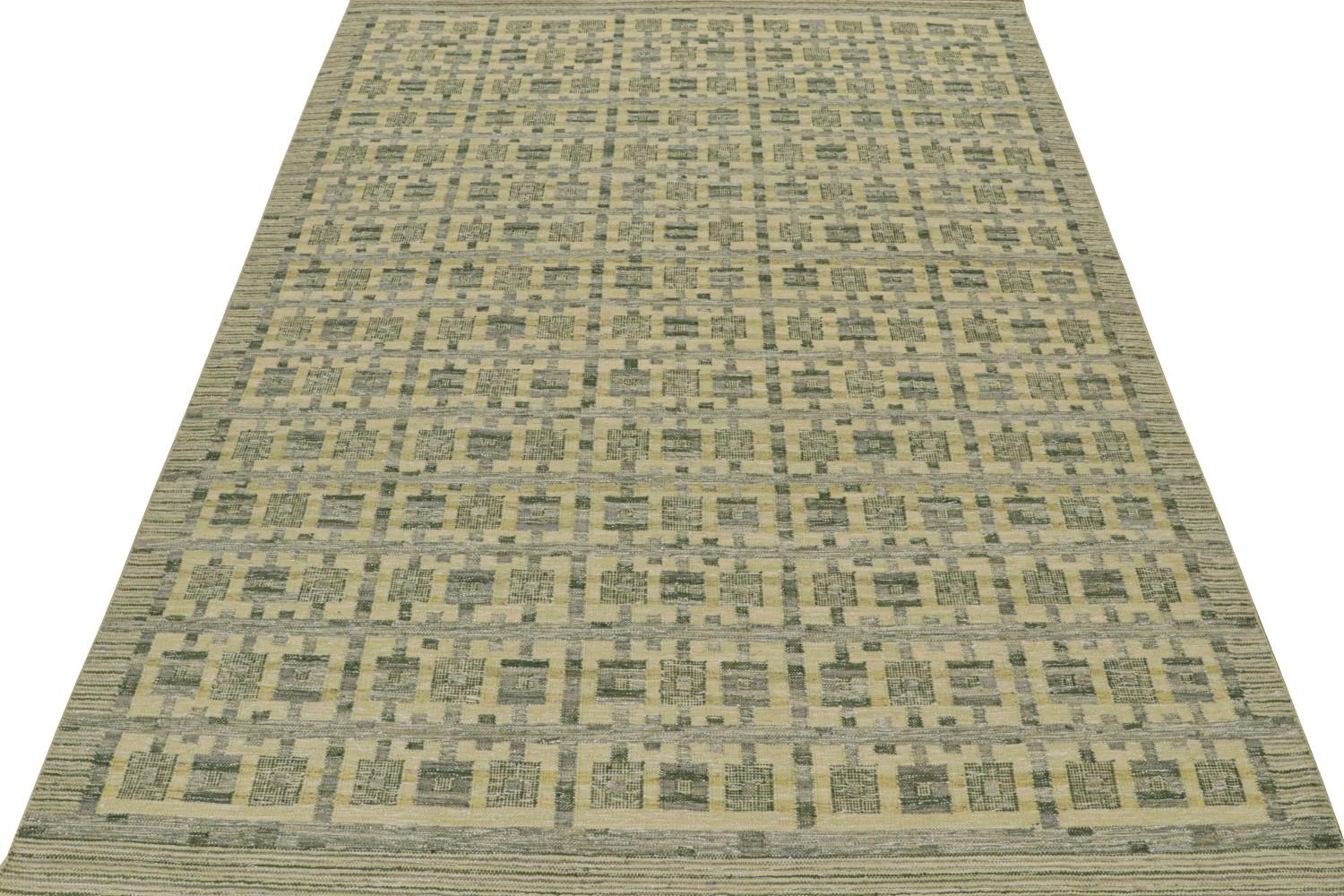 Flatweave Scandinavian Rug in Green Geometric Patterns
