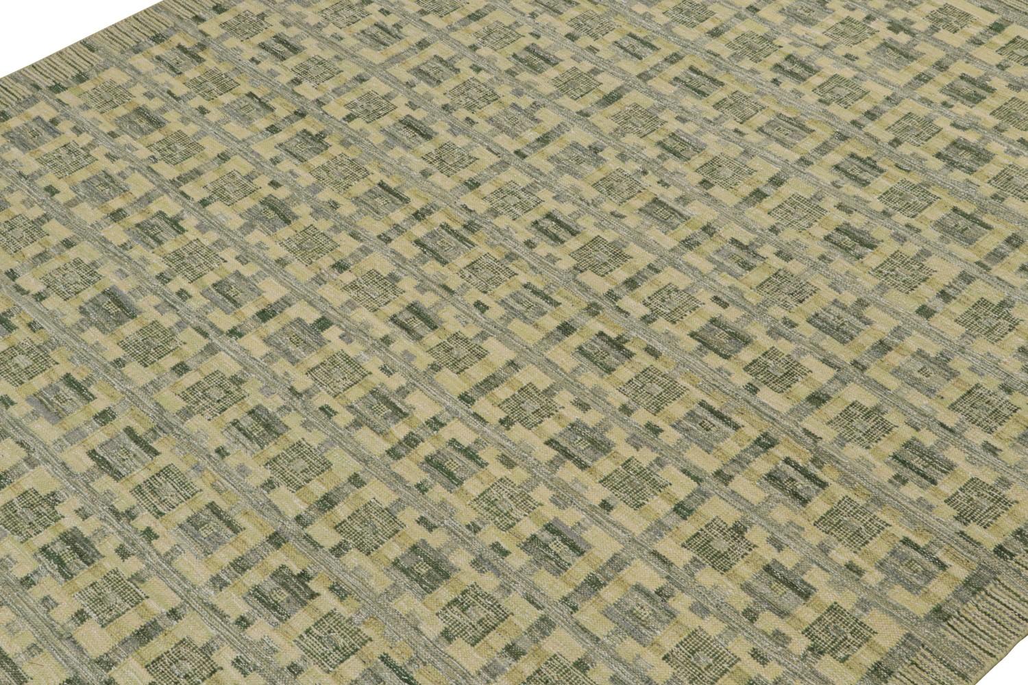 Flatweave Scandinavian Rug in Green Geometric Patterns