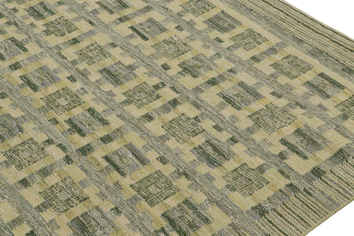 Flatweave Scandinavian Rug in Green Geometric Patterns