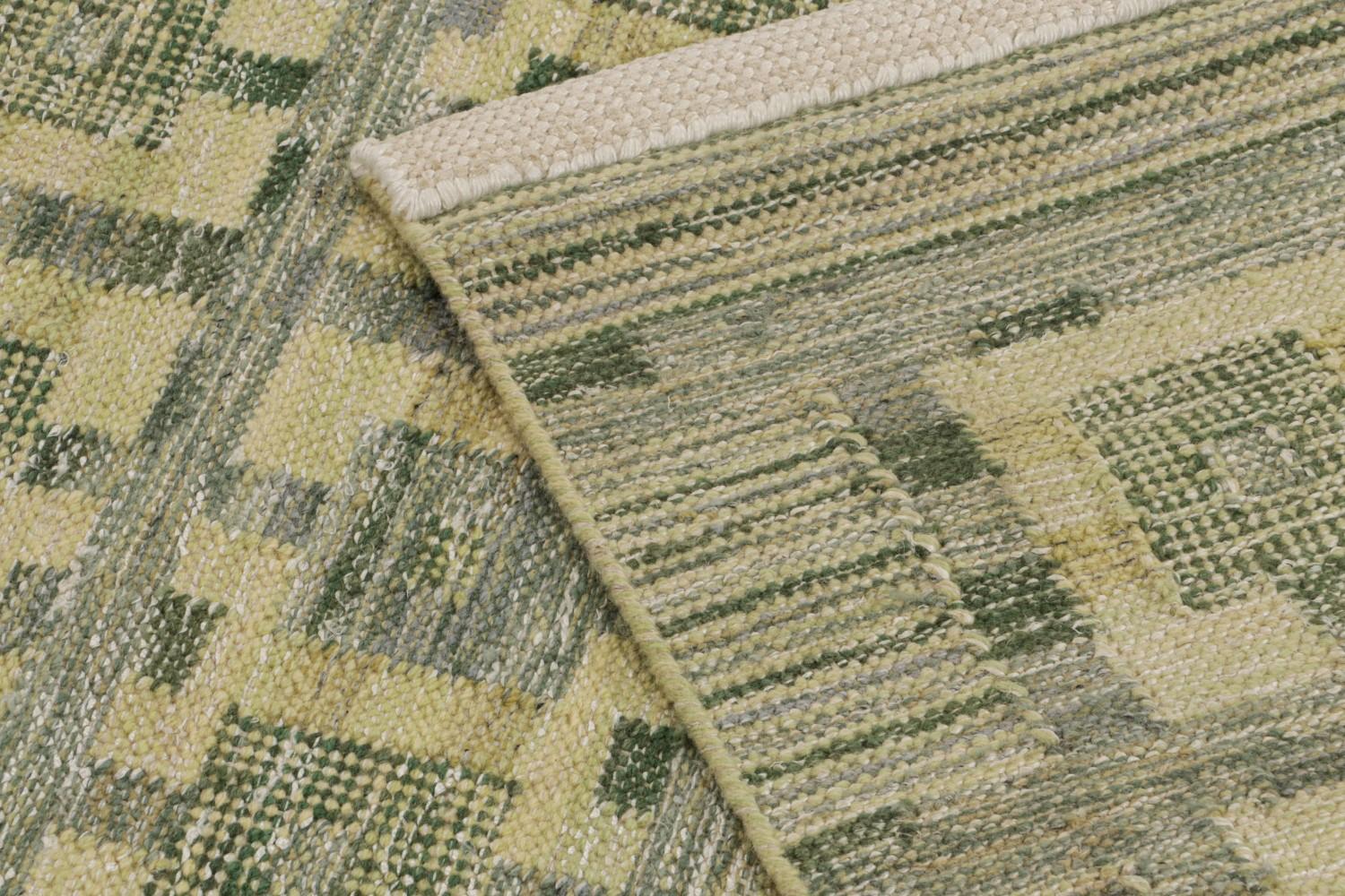 Flatweave Scandinavian Rug in Green Geometric Patterns