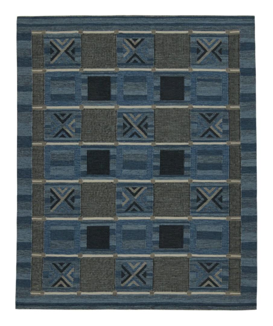 Blue Scandinavian Kilim Rug Geometric Pattern