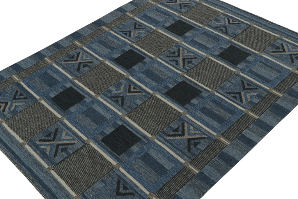 Blue Scandinavian Kilim Rug Geometric Pattern