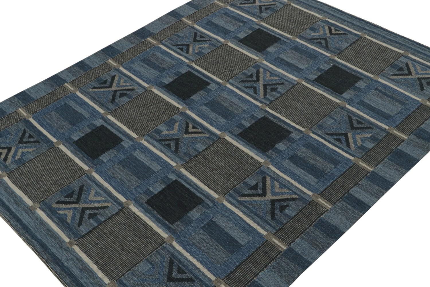 Blue Scandinavian Kilim Rug Geometric Pattern