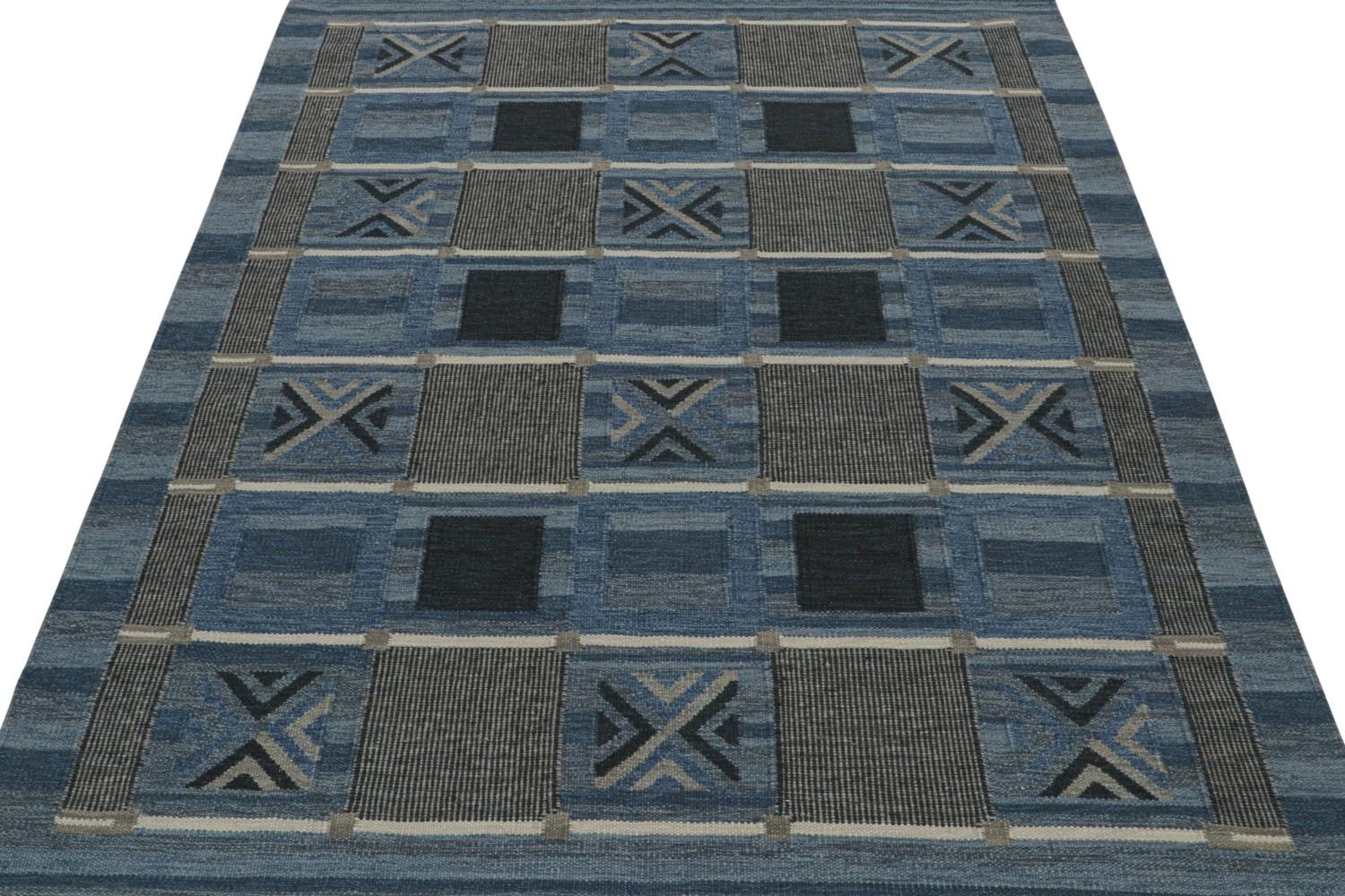 Blue Scandinavian Kilim Rug Geometric Pattern