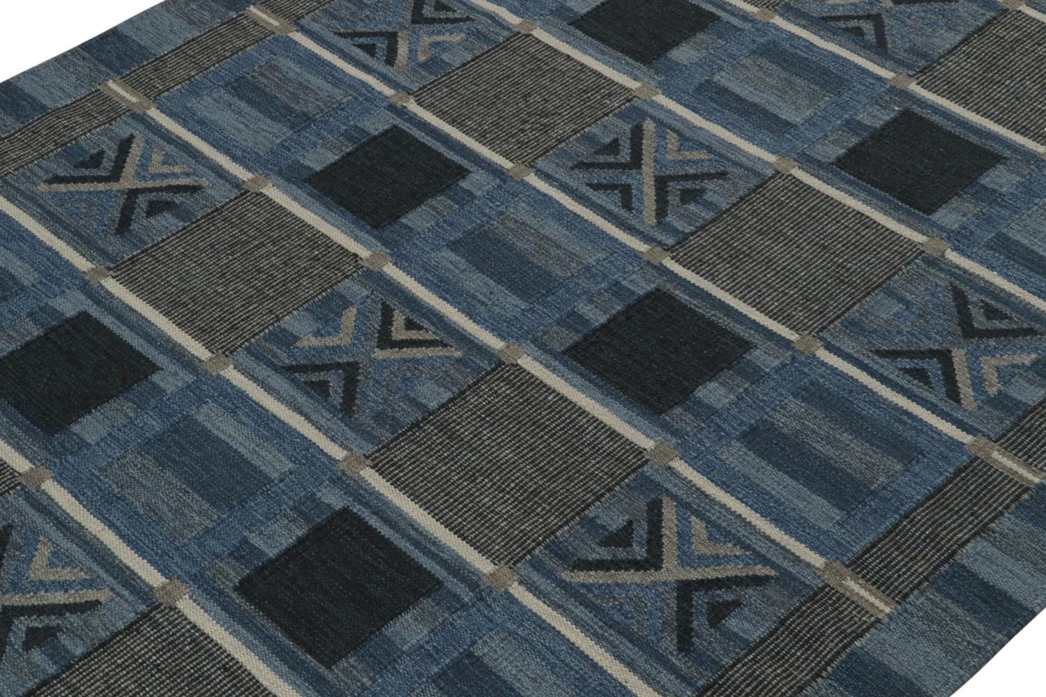 Blue Scandinavian Kilim Rug Geometric Pattern
