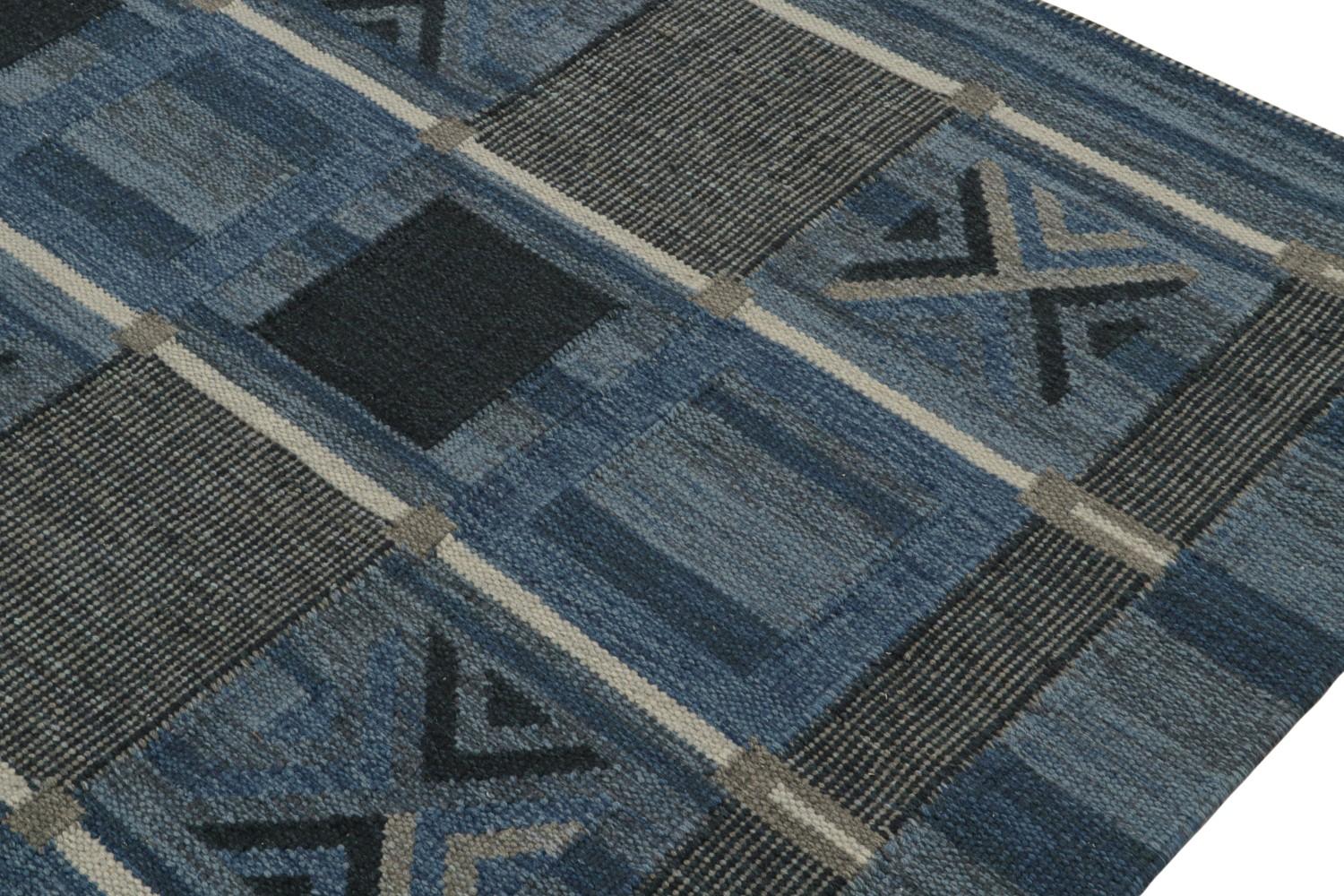 Blue Scandinavian Kilim Rug Geometric Pattern