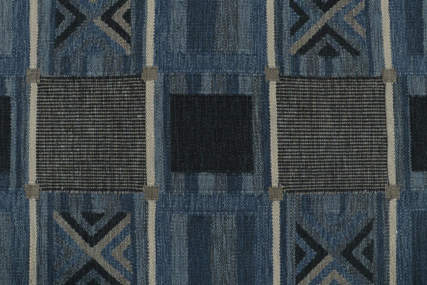 Blue Scandinavian Kilim Rug Geometric Pattern