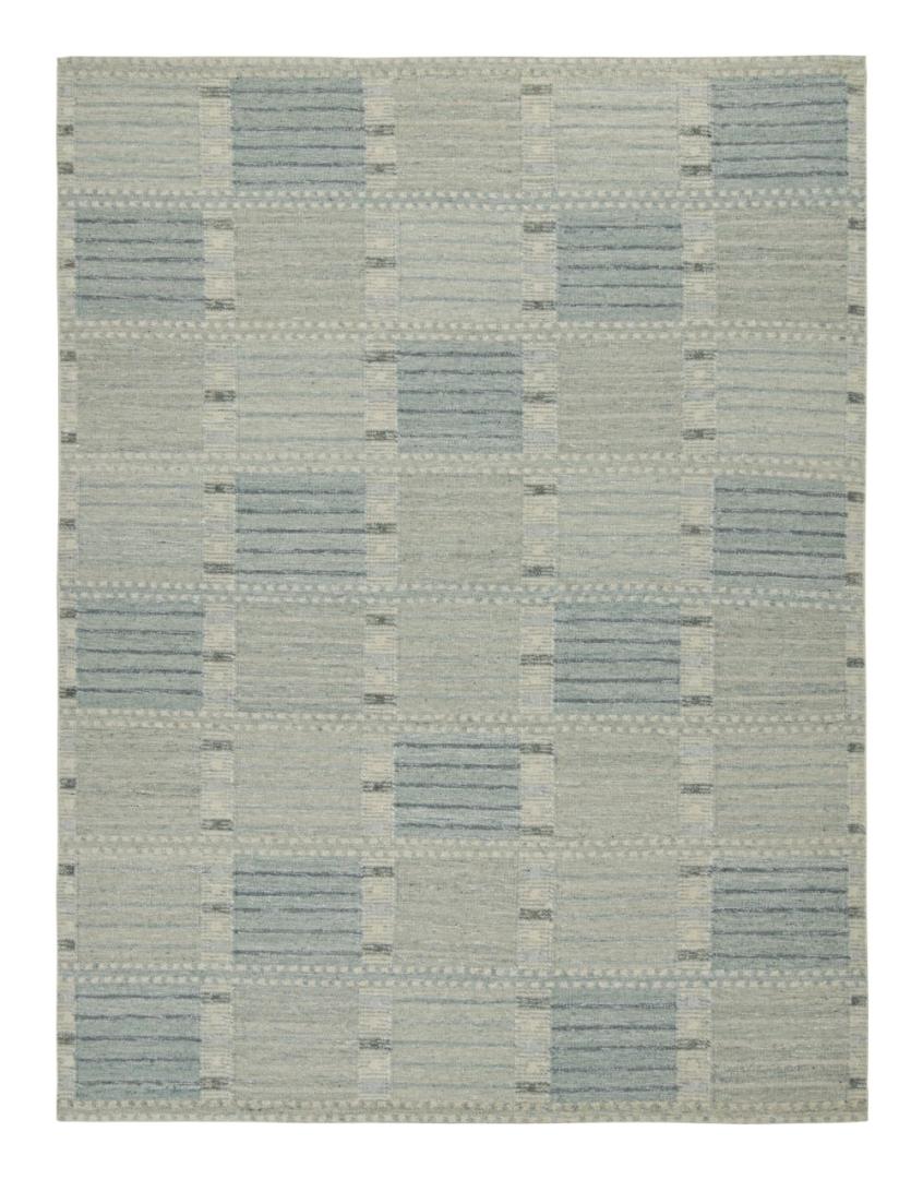 Custom Scandinavian Kilim Rug with Blue Geometric Patterns