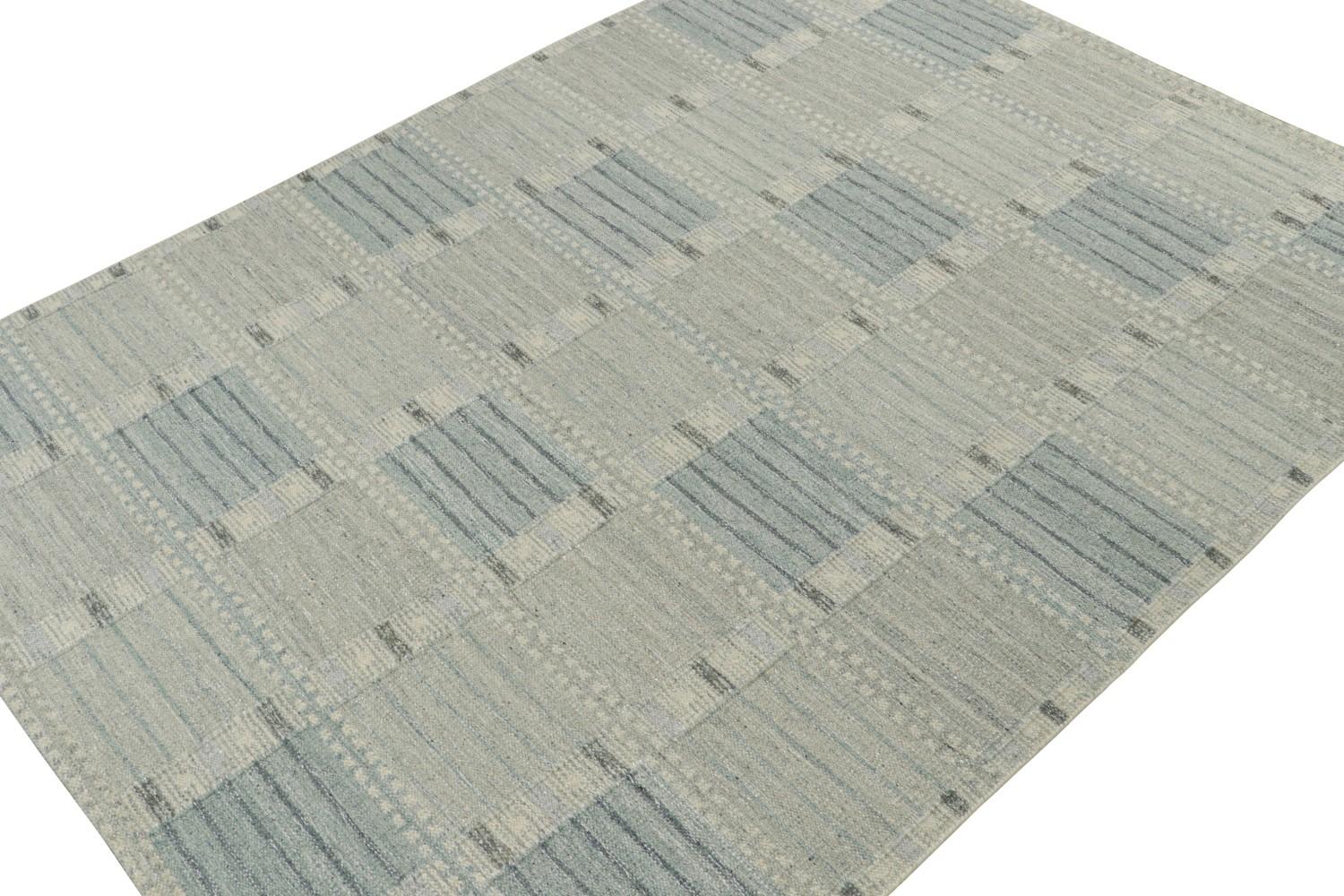 Custom Scandinavian Kilim Rug with Blue Geometric Patterns