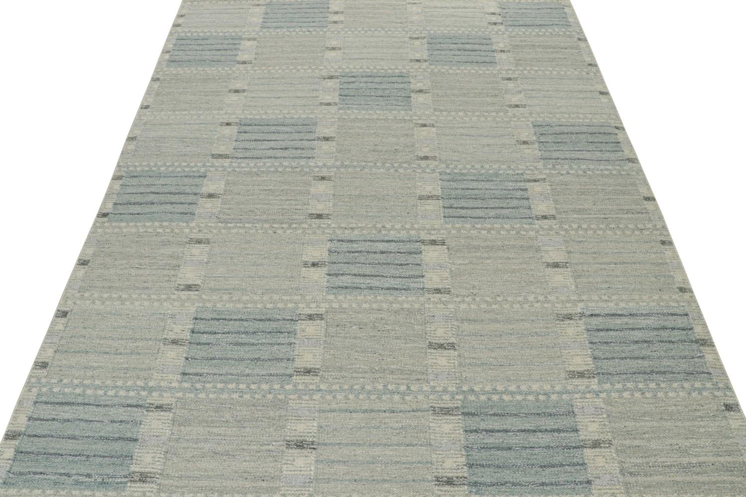 Custom Scandinavian Kilim Rug with Blue Geometric Patterns