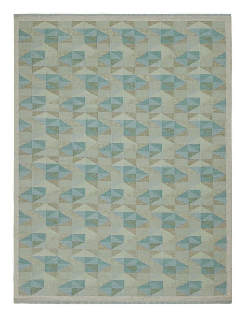 Custom Scandinavian Kilim Rug with Blue and Beige Geometric Patterns