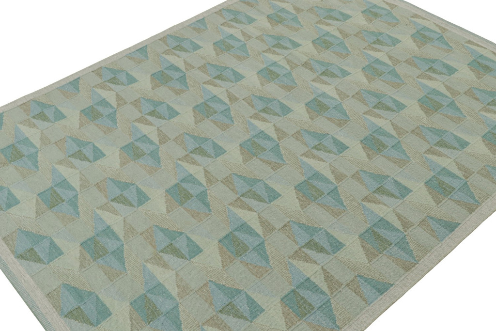 Custom Scandinavian Kilim Rug with Blue and Beige Geometric Patterns