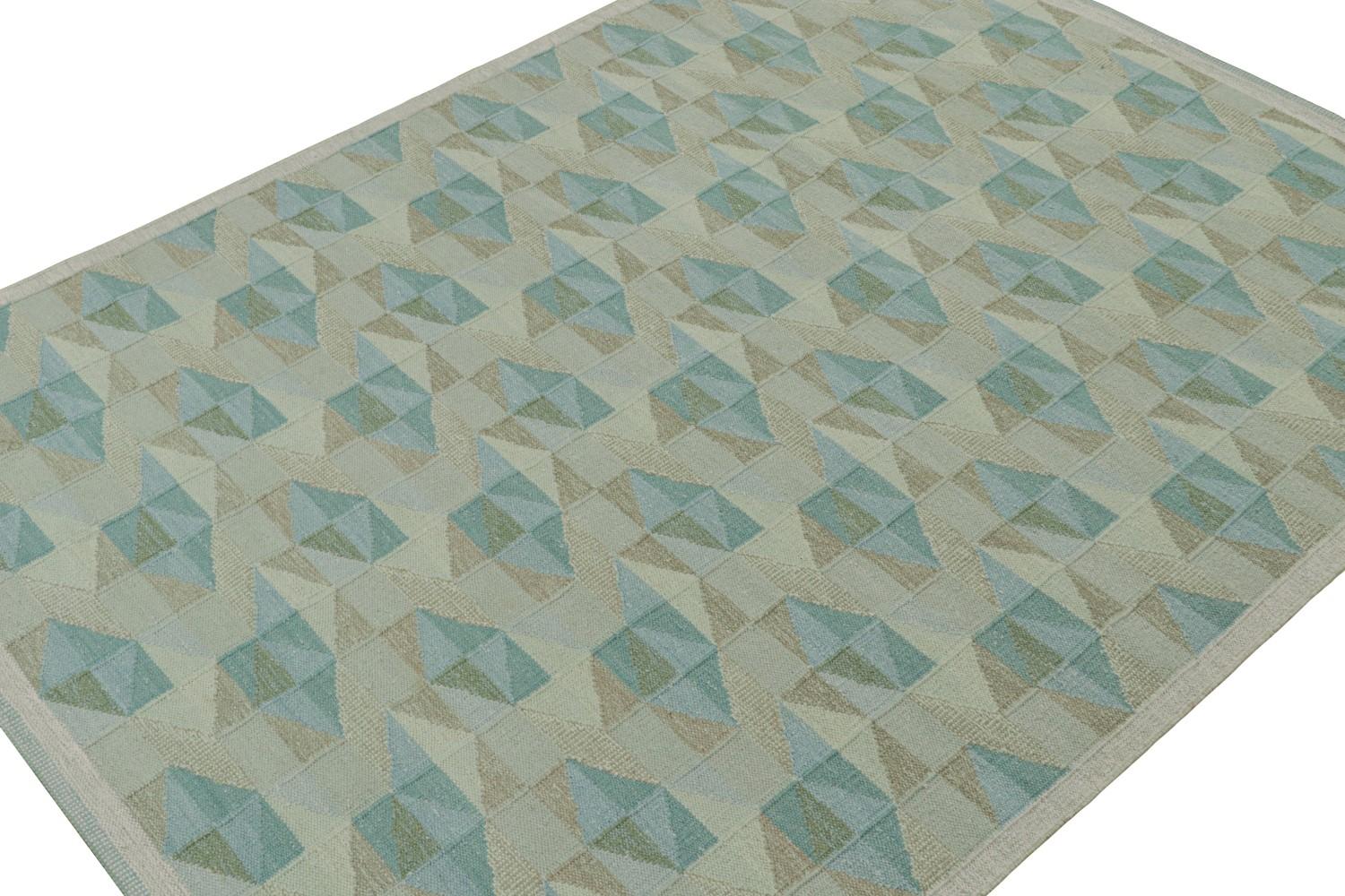 Custom Scandinavian Kilim Rug with Blue and Beige Geometric Patterns