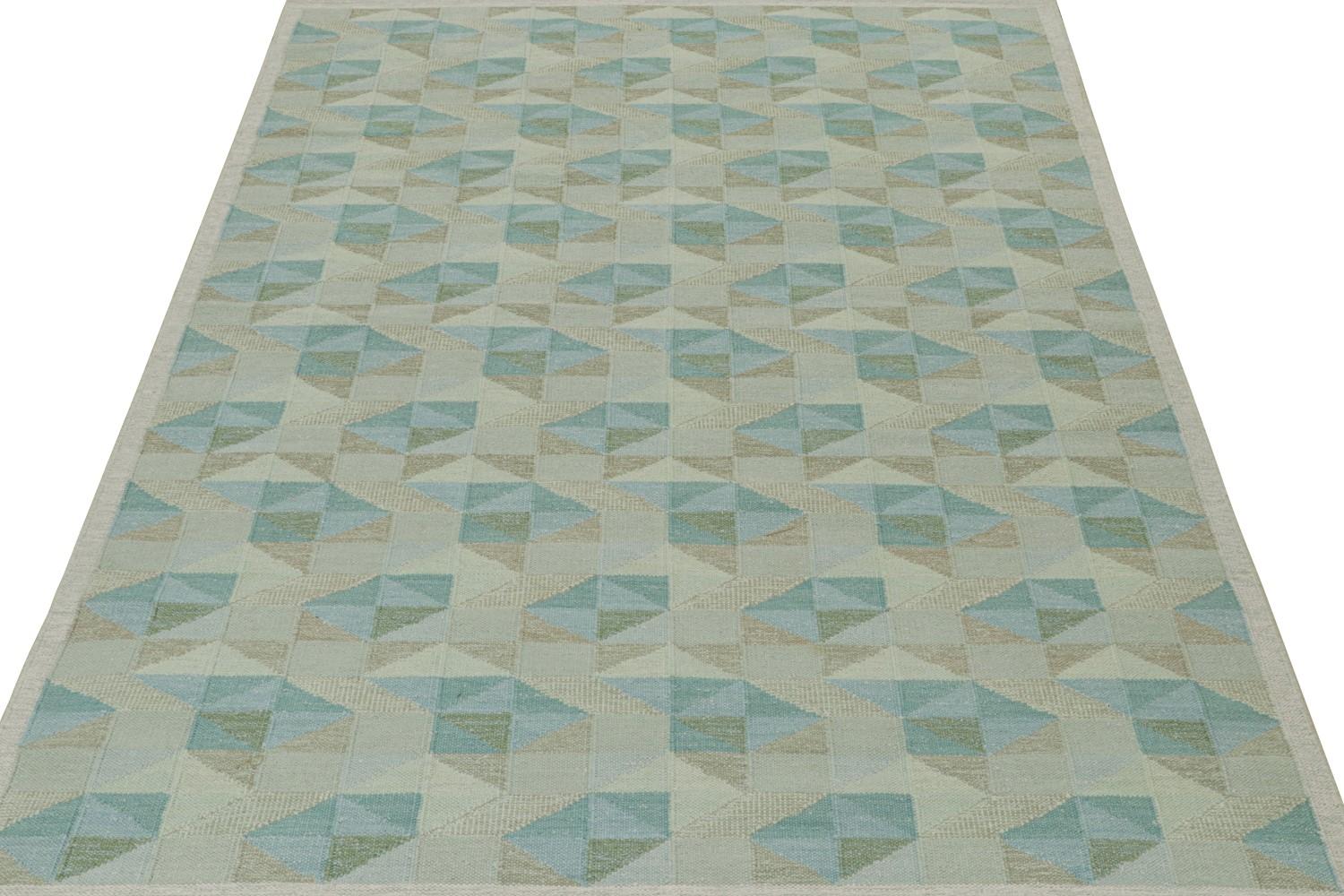 Custom Scandinavian Kilim Rug with Blue and Beige Geometric Patterns