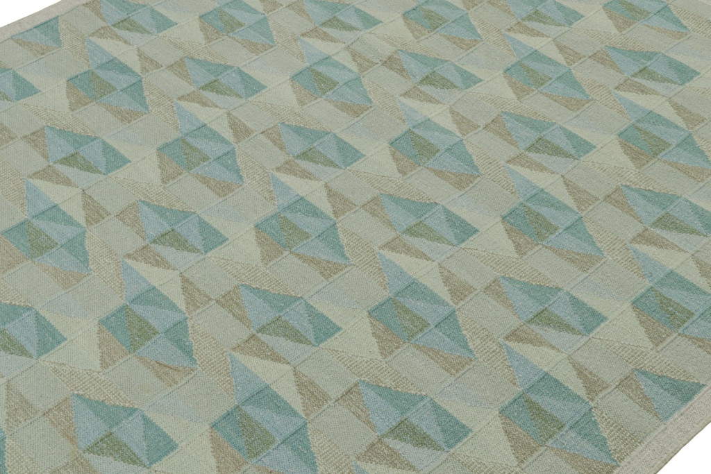 Custom Scandinavian Kilim Rug with Blue and Beige Geometric Patterns