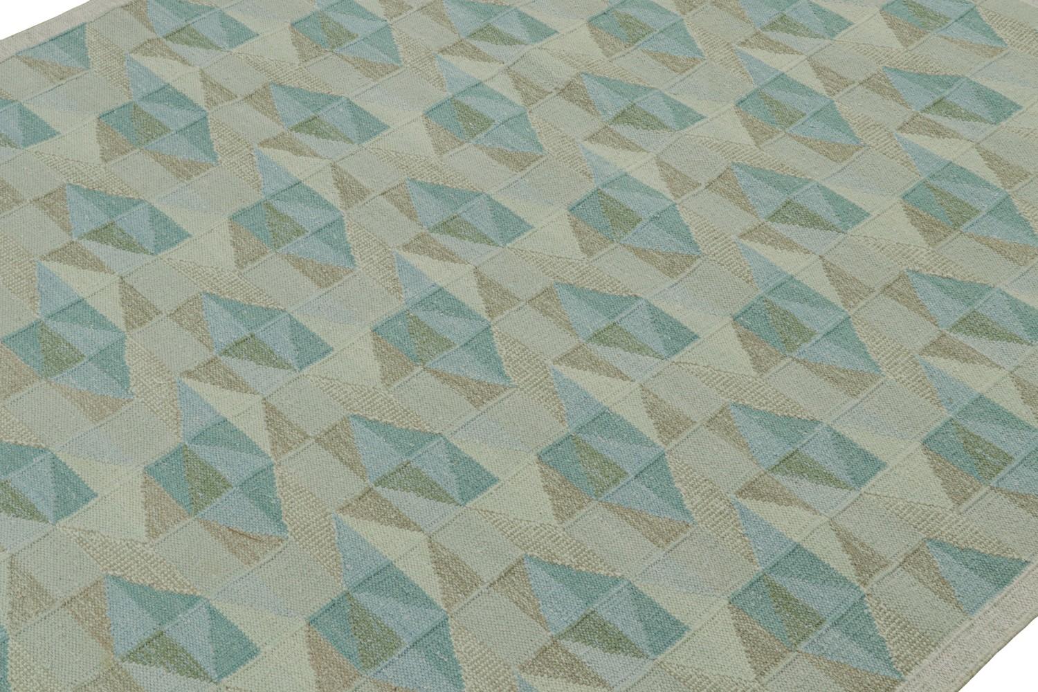 Custom Scandinavian Kilim Rug with Blue and Beige Geometric Patterns