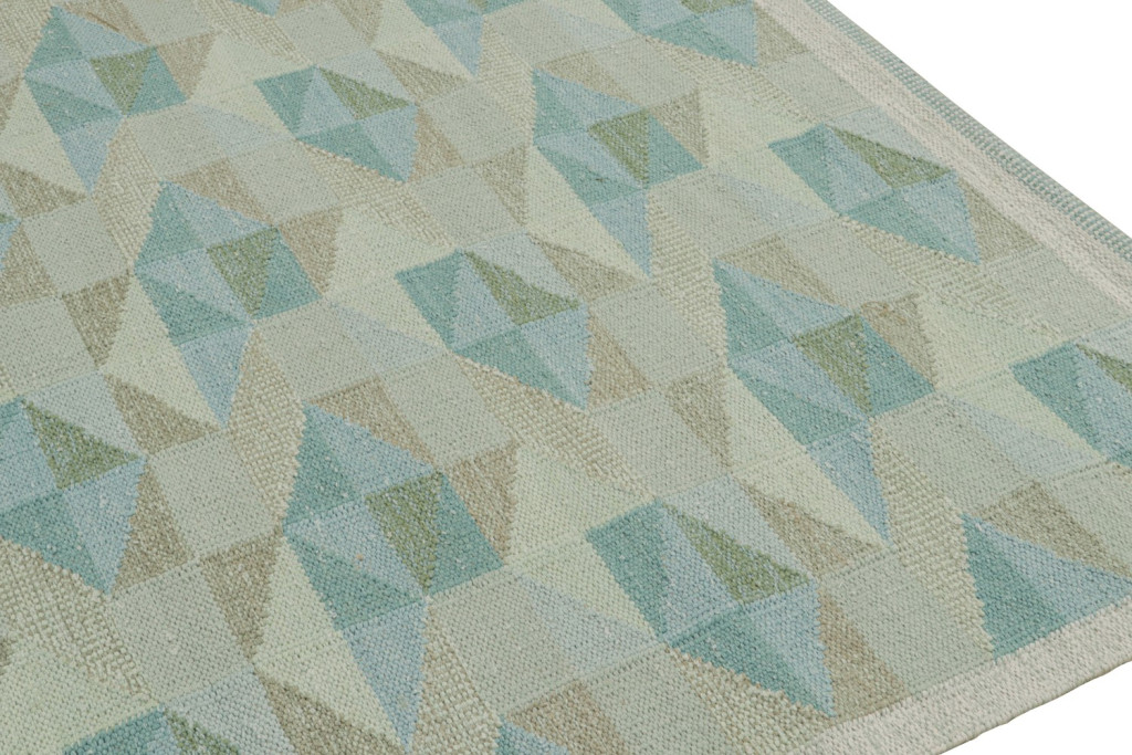 Custom Scandinavian Kilim Rug with Blue and Beige Geometric Patterns