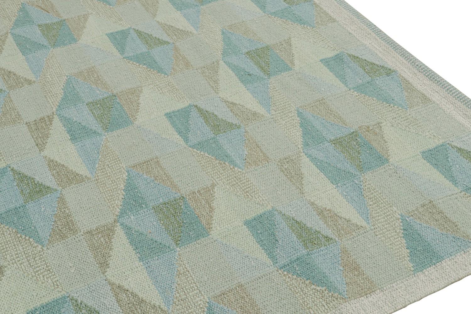 Custom Scandinavian Kilim Rug with Blue and Beige Geometric Patterns