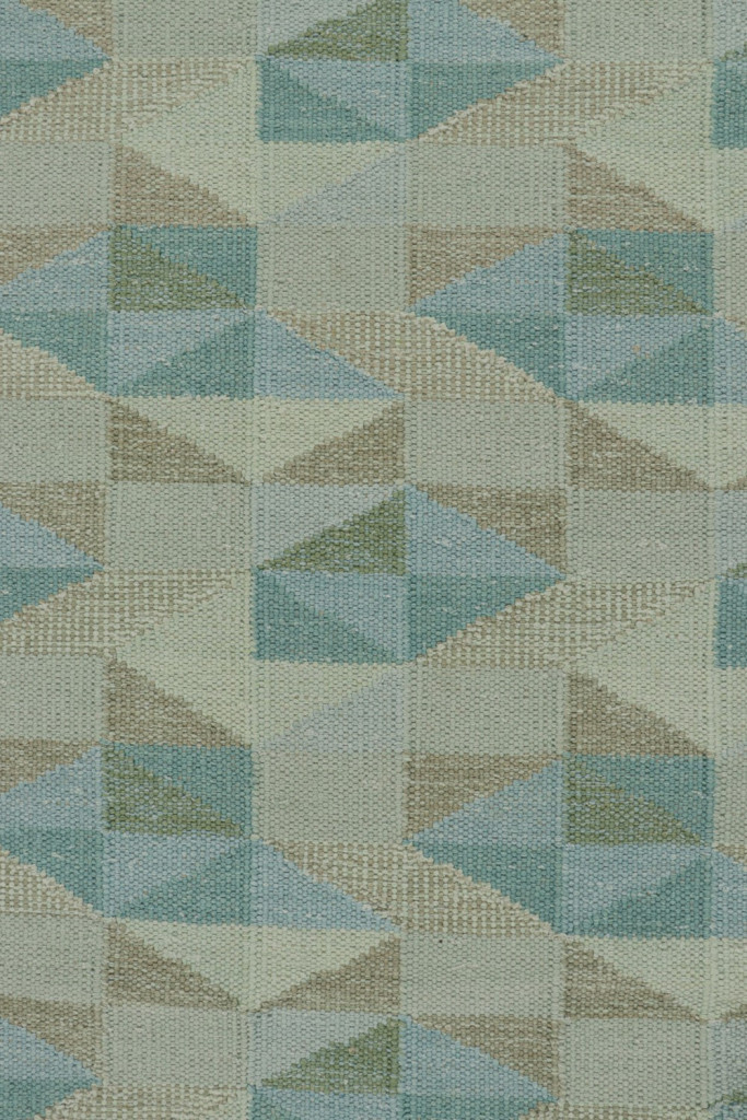 Custom Scandinavian Kilim Rug with Blue and Beige Geometric Patterns