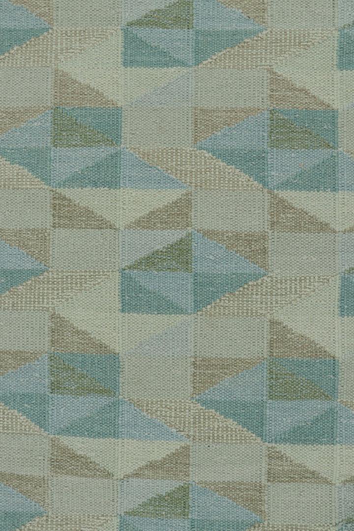 Custom Scandinavian Kilim Rug with Blue and Beige Geometric Patterns