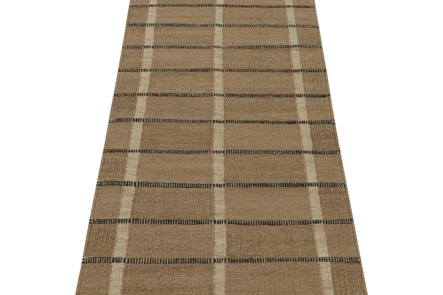 Beige-Brown Striped Hemp Scandinavian Kilim Runner Rug