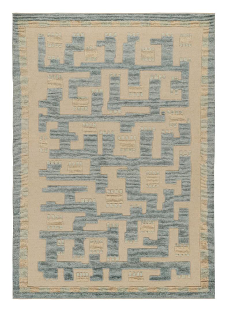 High-Low Scandinavian Rug in Beige and Blue Geometric Pattern