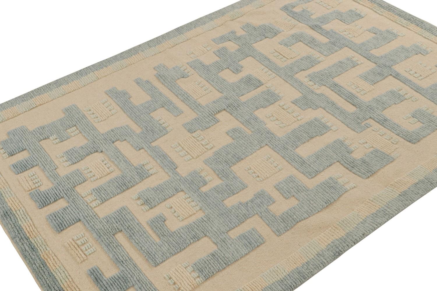 High-Low Scandinavian Rug in Beige and Blue Geometric Pattern