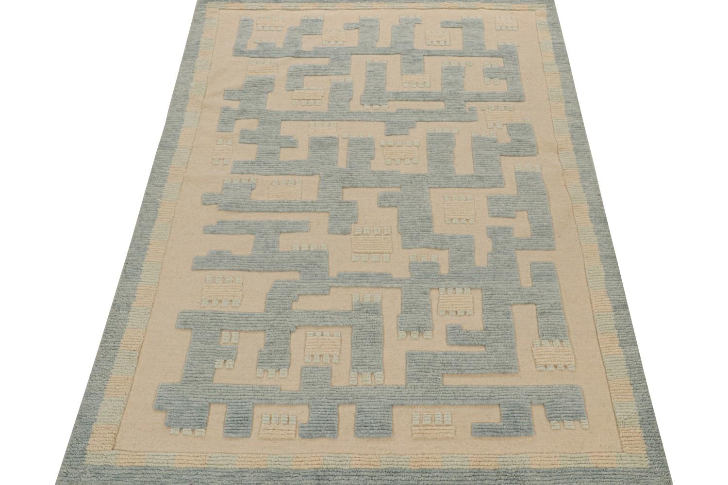 High-Low Scandinavian Rug in Beige and Blue Geometric Pattern